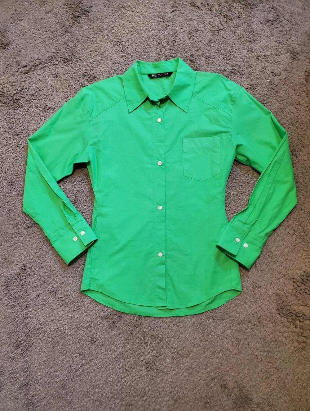 Zara Bright Green 100% Cotton Poplin Fitted Button Up Long Sleeve Shirt Size XS